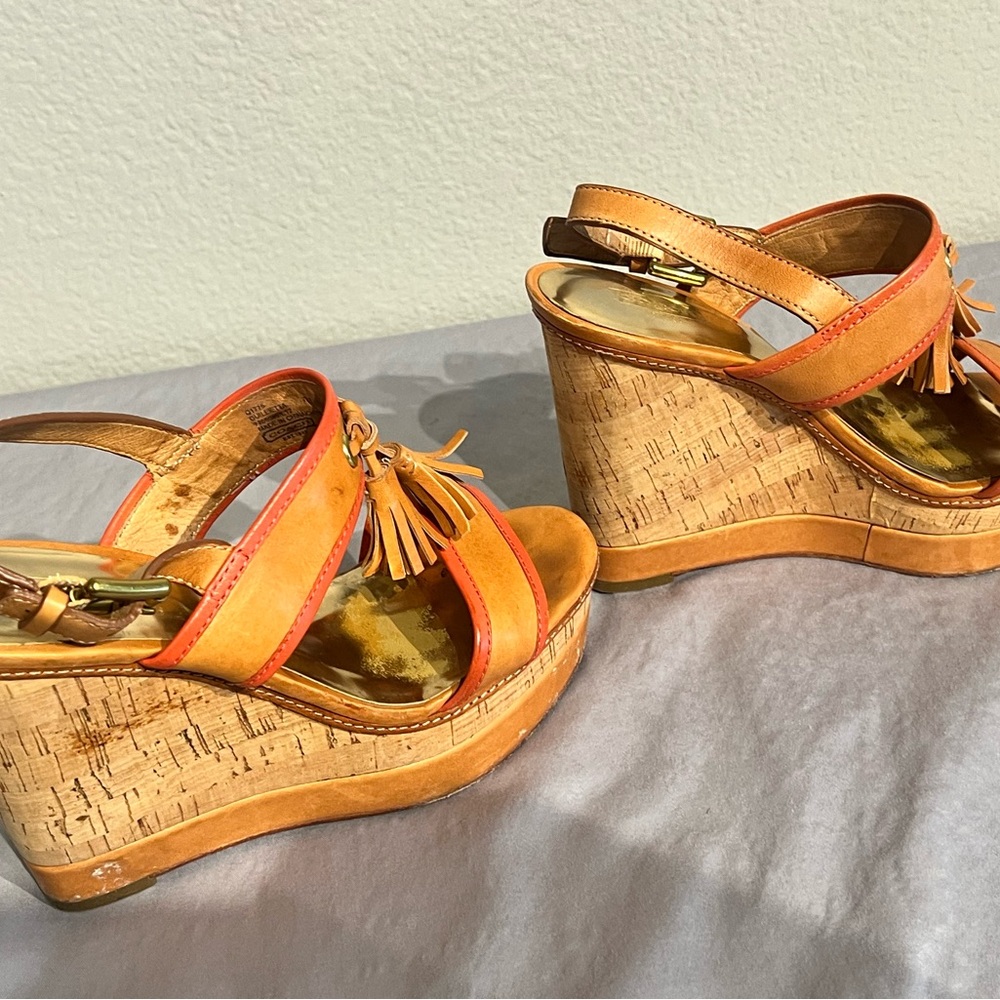 Coach Tan and Orange Leather Tassel Wedge Sandals - Picture 5 of 16